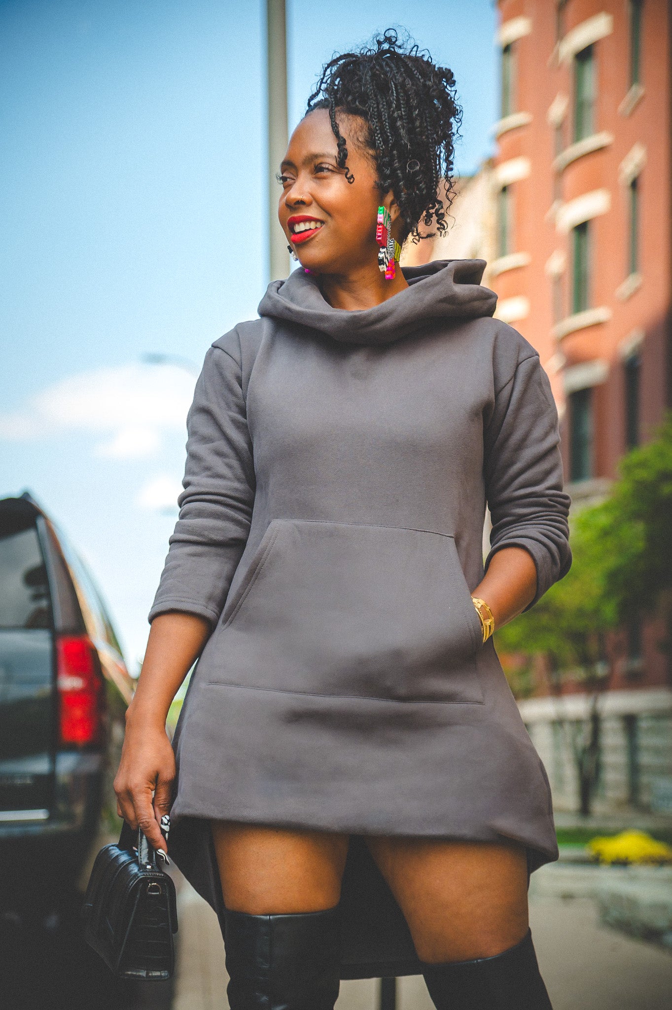 HOODIE DRESS- CAMEL OR EBONY SLATE- HIGH/LOW