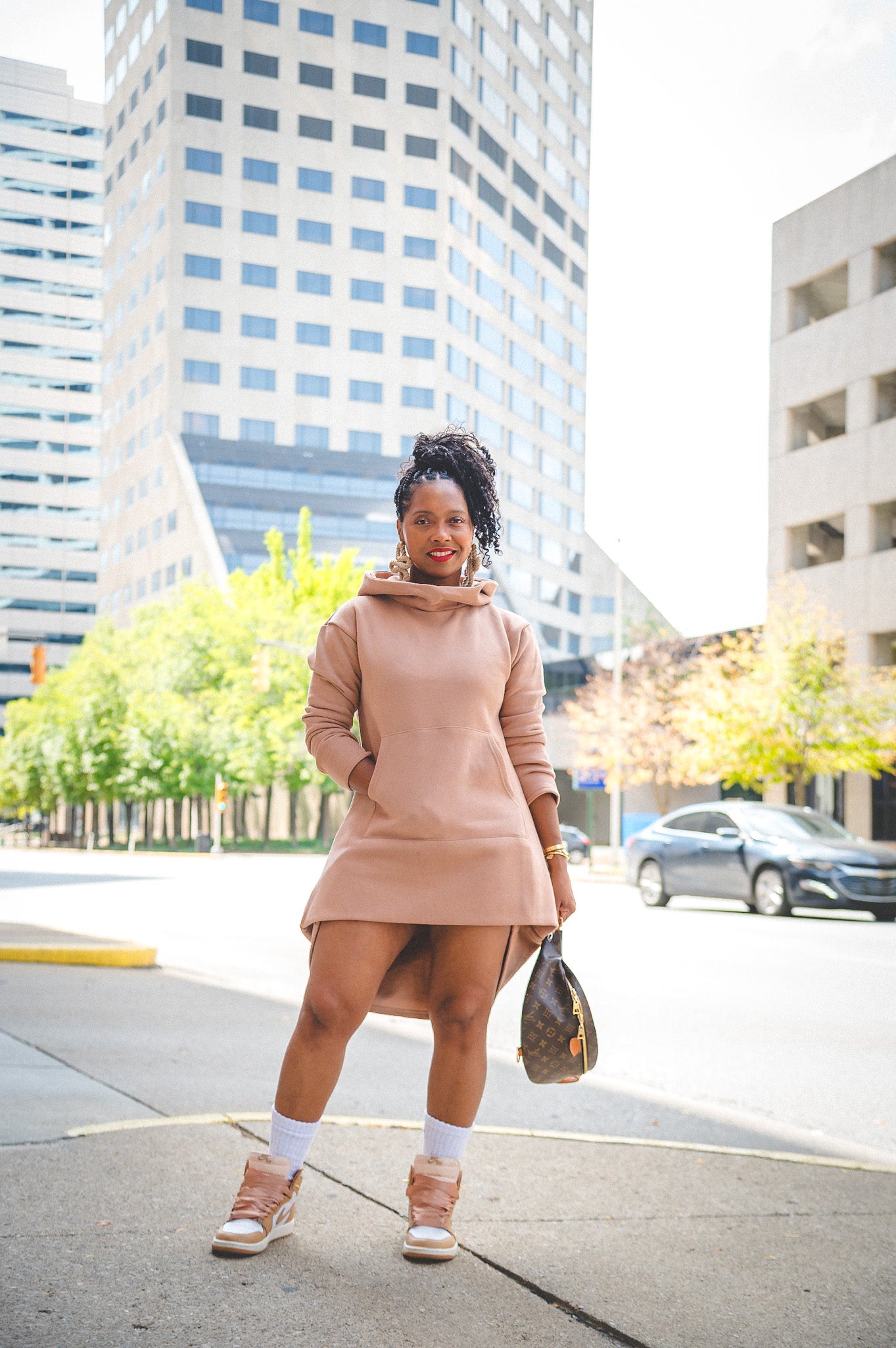 HOODIE DRESS- CAMEL OR EBONY SLATE- HIGH/LOW