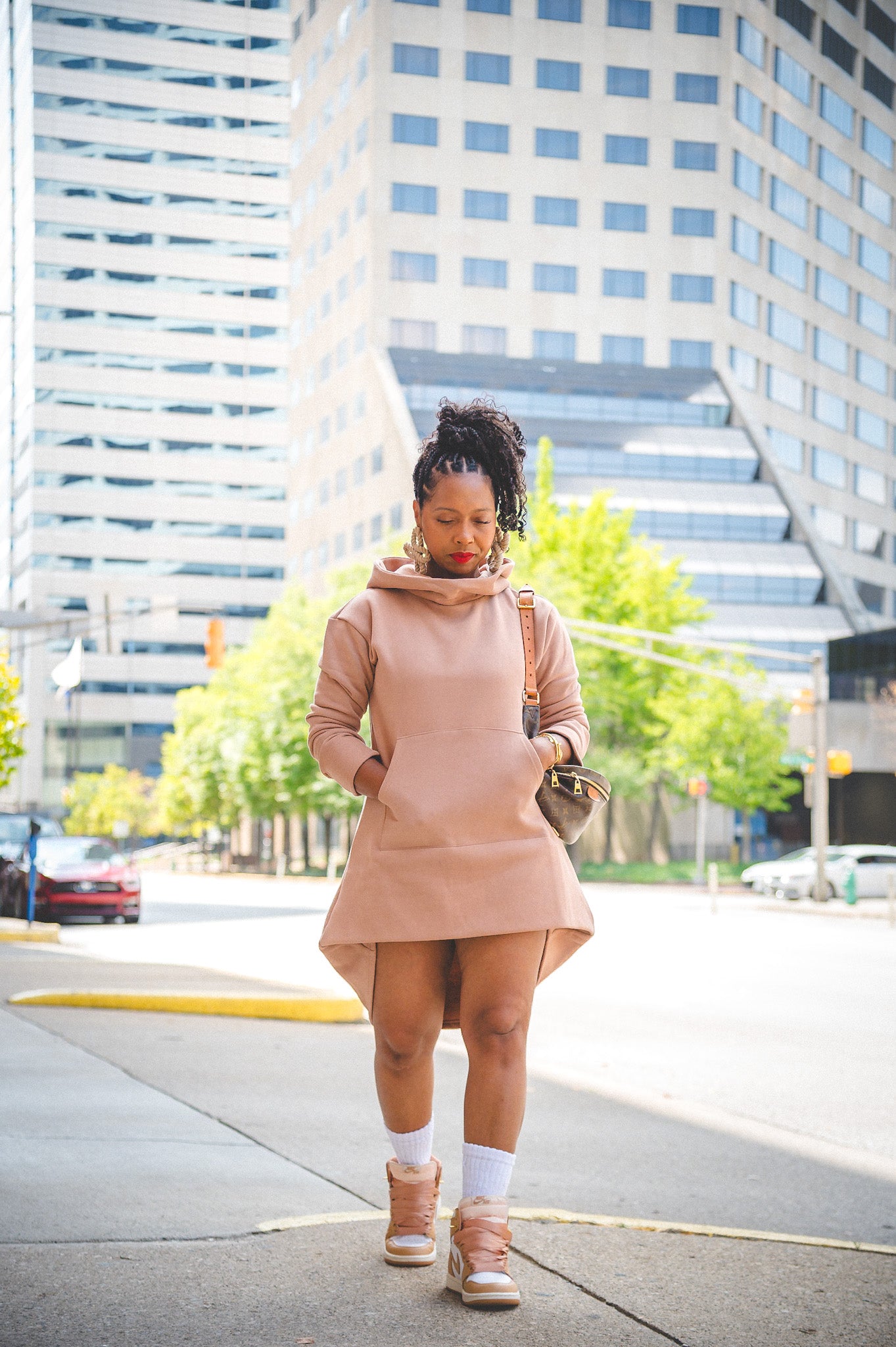 HOODIE DRESS- CAMEL OR EBONY SLATE- HIGH/LOW