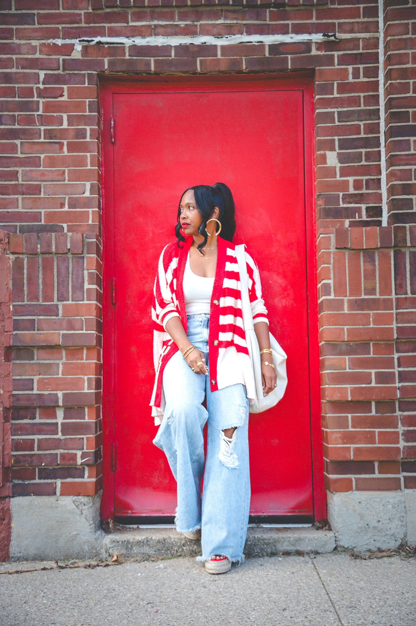 SALE-RED STRIPE CARDIGAN