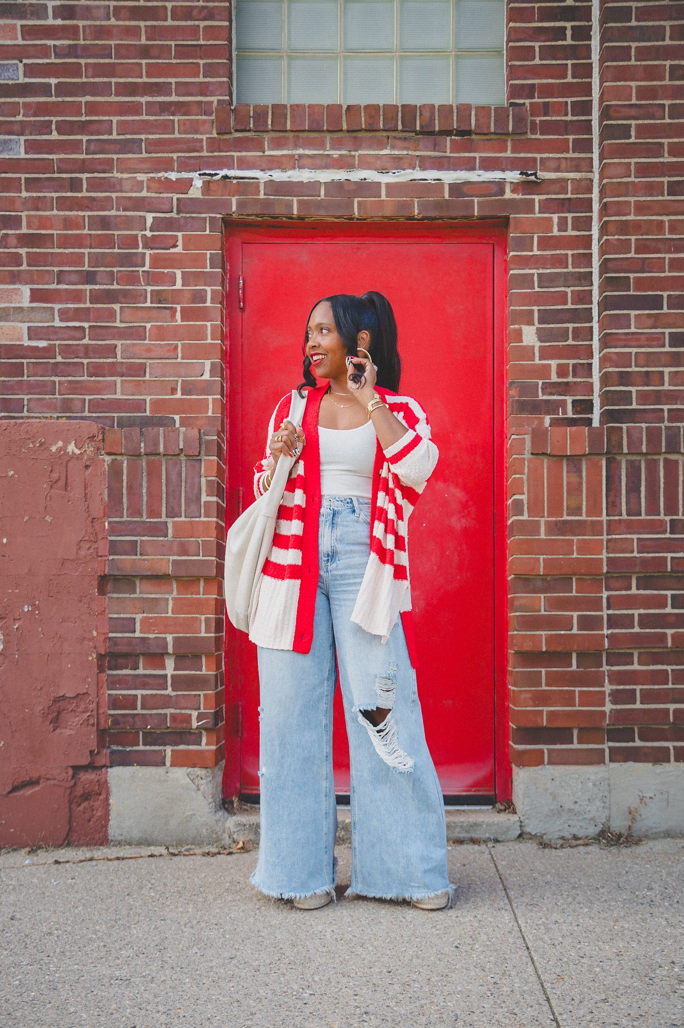 SALE-RED STRIPE CARDIGAN