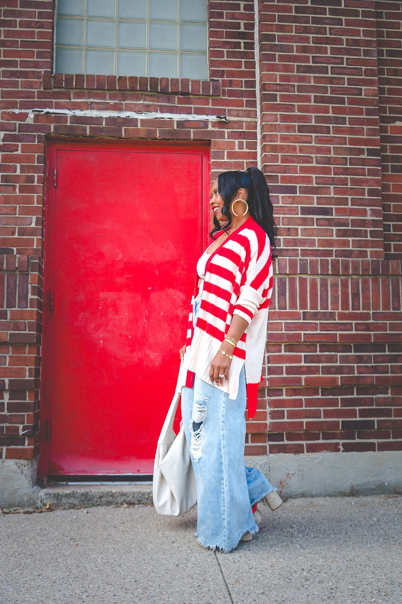 SALE-RED STRIPE CARDIGAN