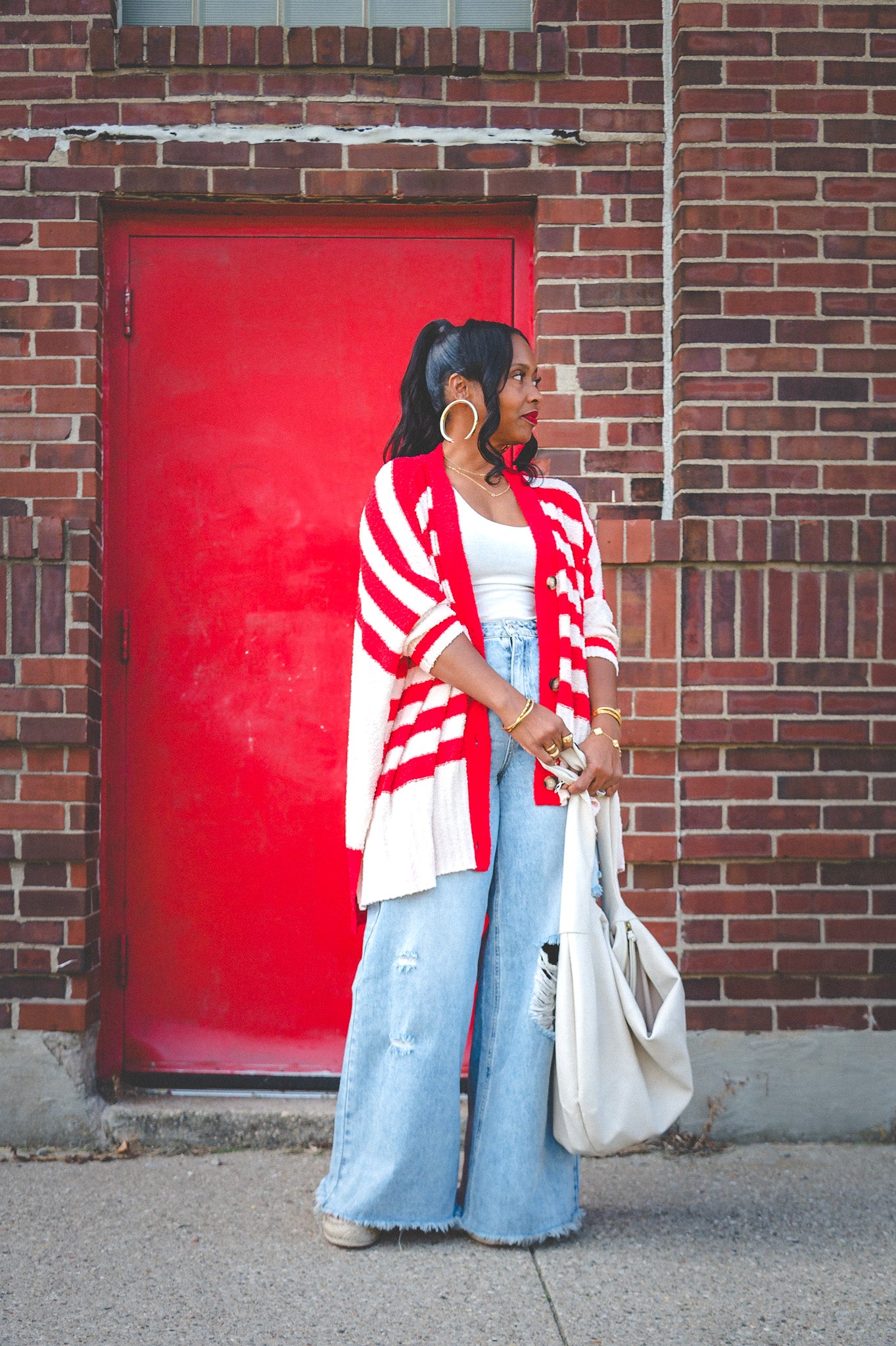 SALE-RED STRIPE CARDIGAN