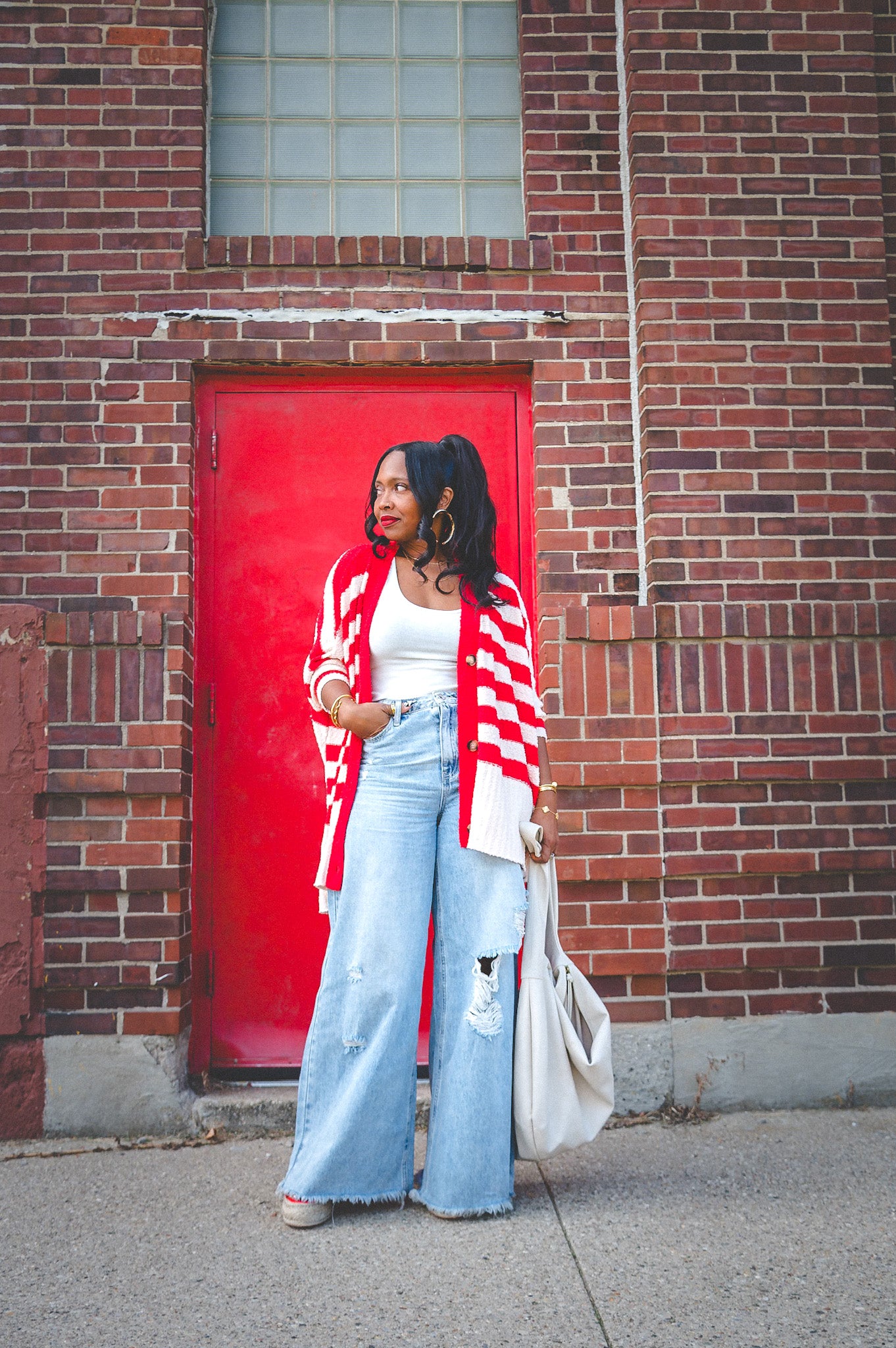 SALE-RED STRIPE CARDIGAN