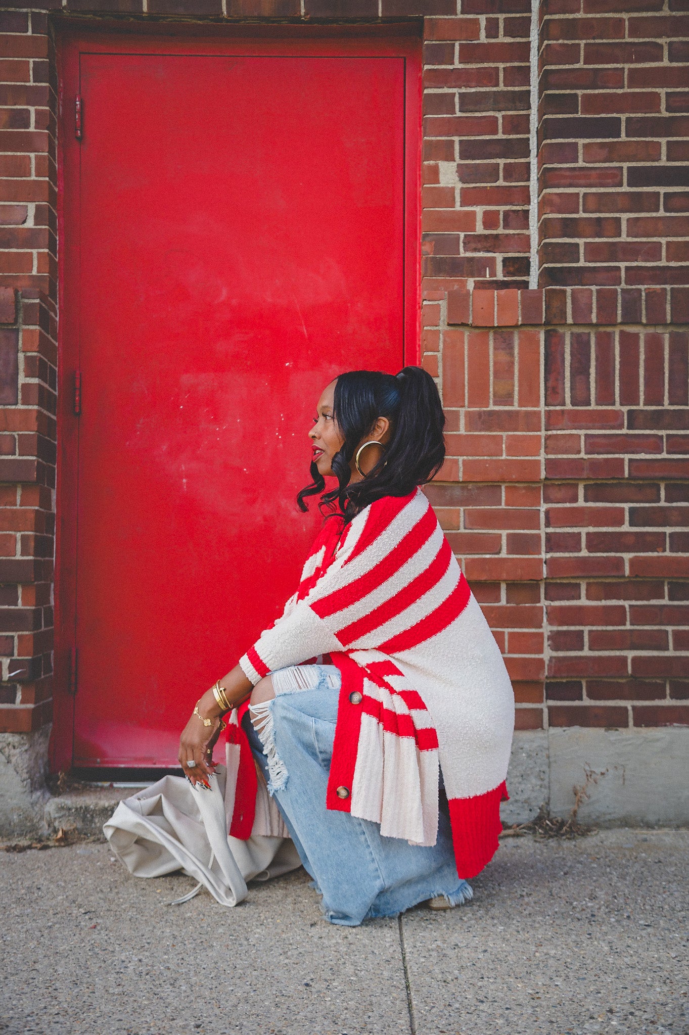 SALE-RED STRIPE CARDIGAN