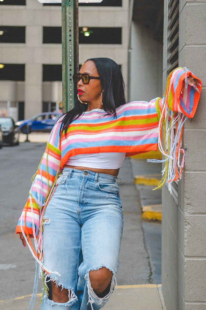 Striped Cropped Fringe Sweater