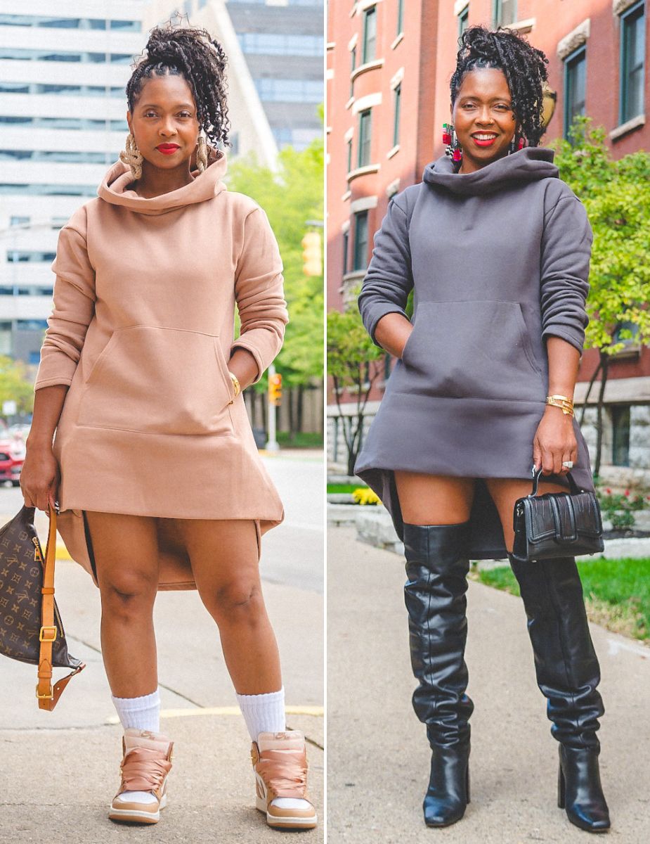HOODIE DRESS CAMEL OR EBONY SLATE HIGH LOW SWEENEE